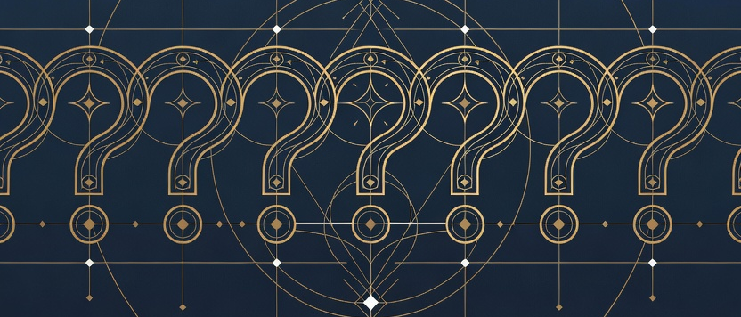 Wide gold line-engraving banner of geometric question marks marking the FAQ section