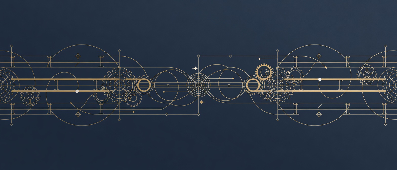 Wide engraved frieze of interlocking gears, guardrail rails and monitoring orbit lines on deep navy