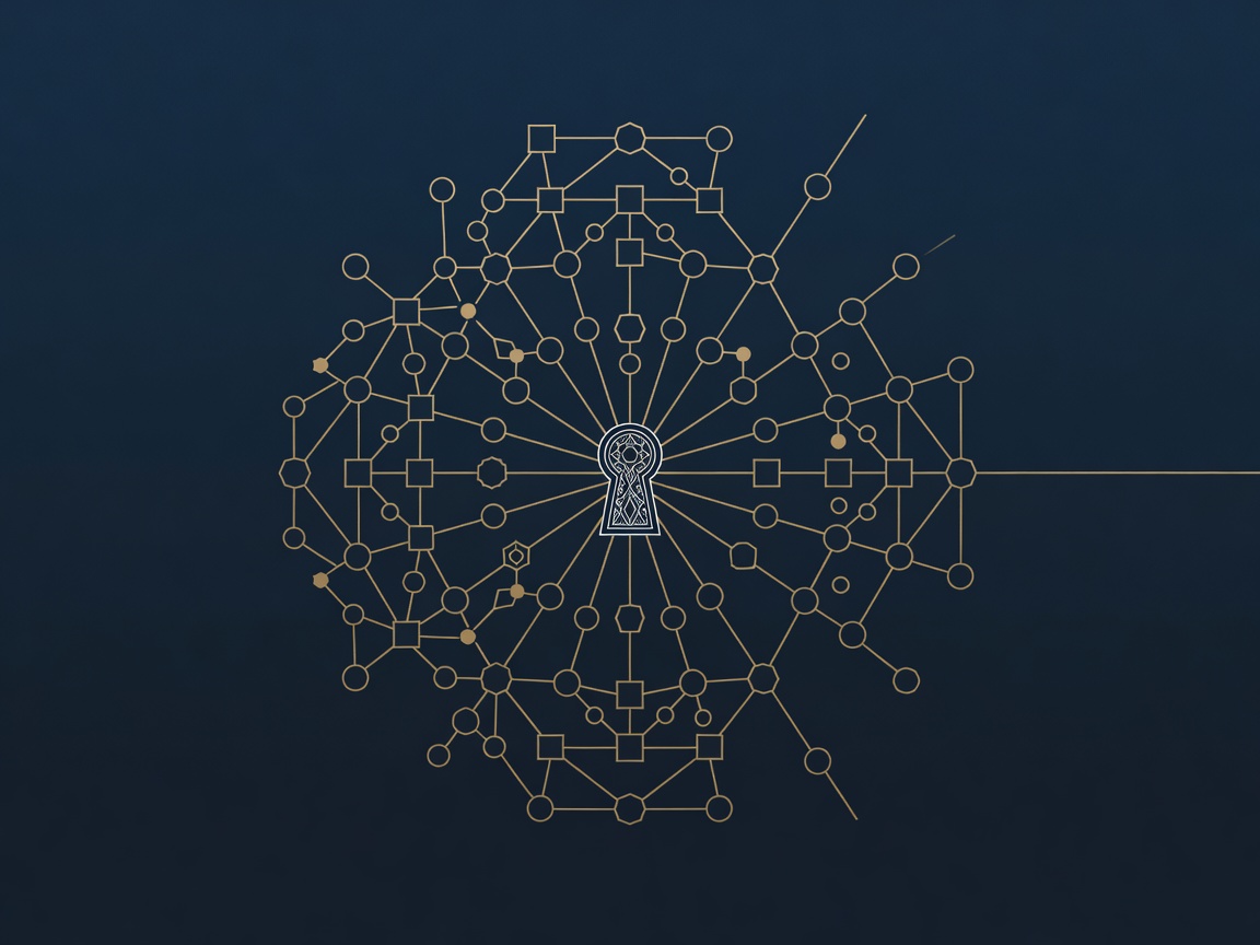 Engraved keyhole at the center of a fractured network of institution nodes, illustrating how one stolen credential becomes a district-wide breach
