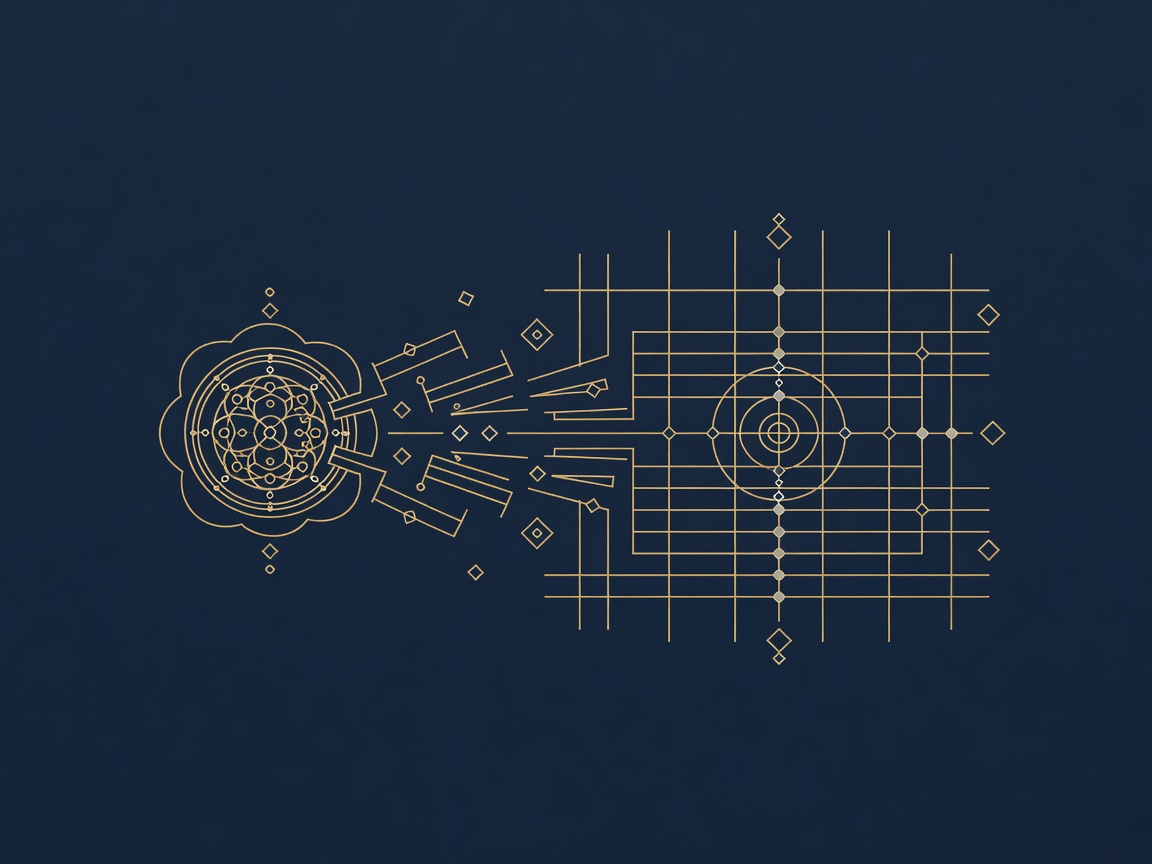 Engraved disclosure seal transforming into an architectural blueprint grid, depicting privacy shifting from disclosure to designed infrastructure
