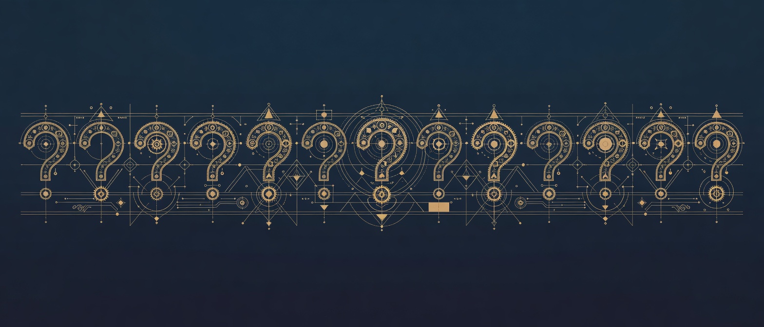 Wide engraved frieze of question marks formed from gears and orbits as a section break
