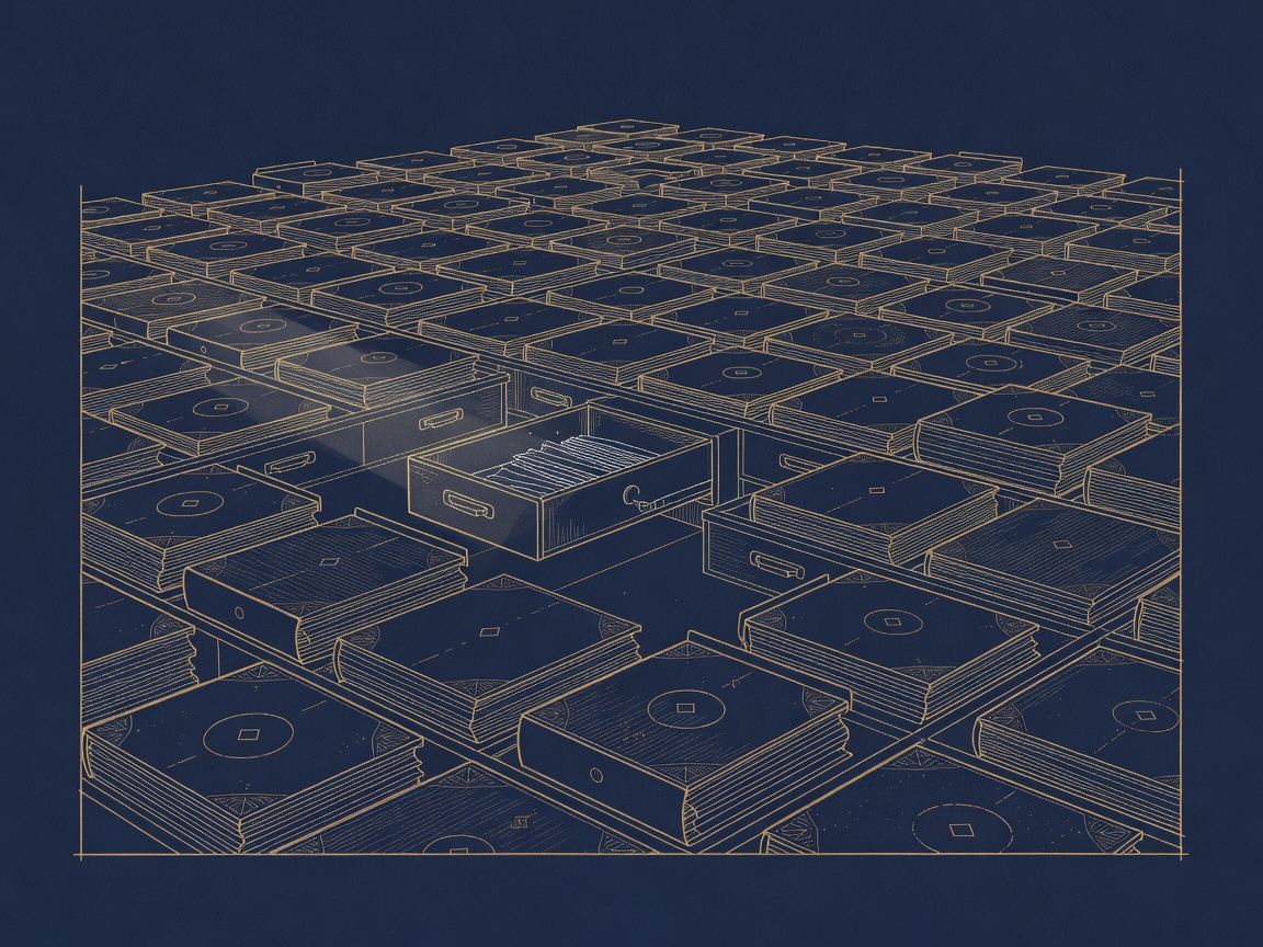 A vast archive of dim closed drawers with one open drawer lit, unused institutional knowledge