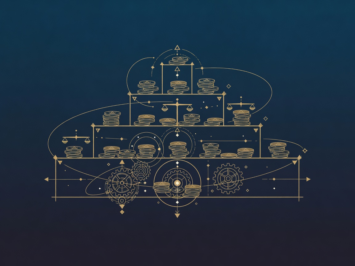 A stepped three-tier ziggurat with compass points and stacked coins, a budget-tiered roadmap