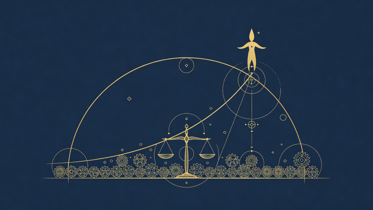 Ascending value curve with a human owning outcomes at the top and a row of gear-agents carrying volume at the base