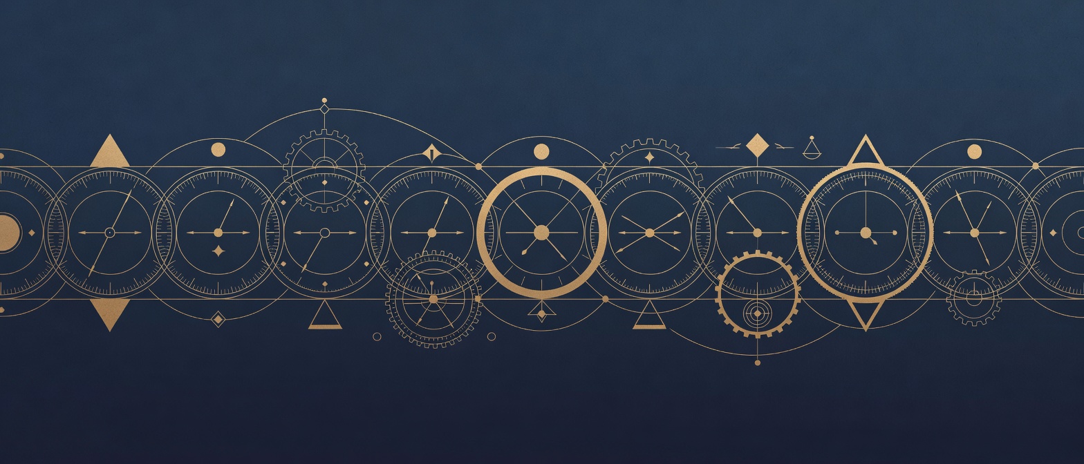 Wide row of instrument dials and orbit rings reading steady, used as a section divider