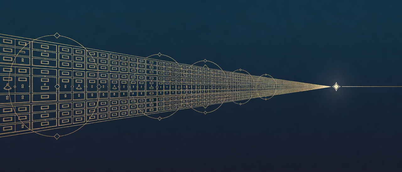 Wide engraved procession of archive drawers receding toward a single luminous diamond, representing retrieval narrowing a large corpus to one relevant answer