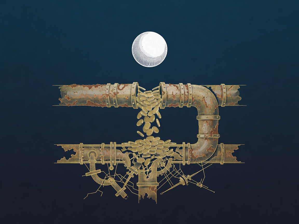 A clogged pipe junction leaking coins beneath a pristine model orb, the hidden cost of poor integration.