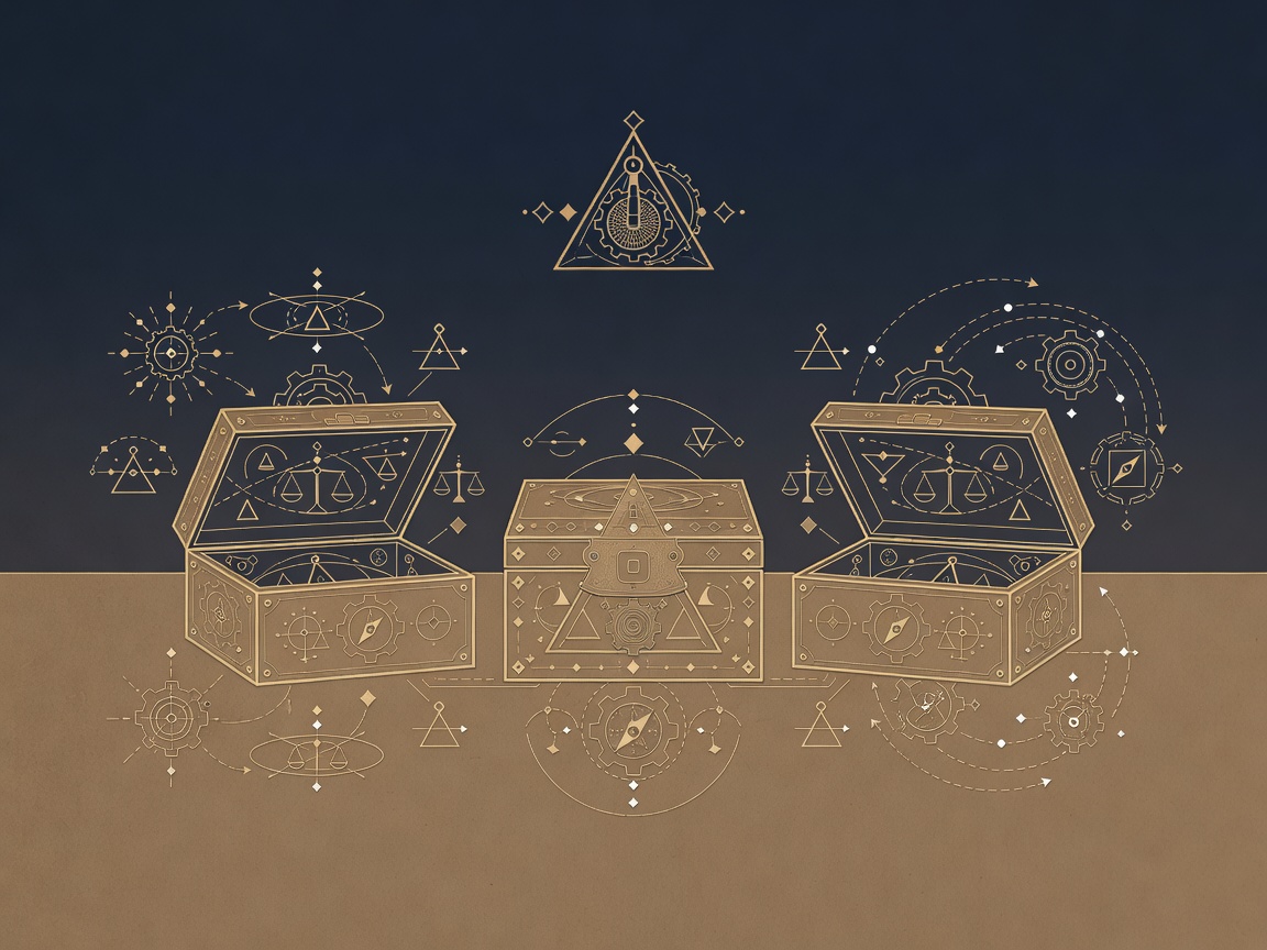 Three engraved lockboxes on a workbench with the middle one sealed shut, representing training data, model weights and outputs as separate assets
