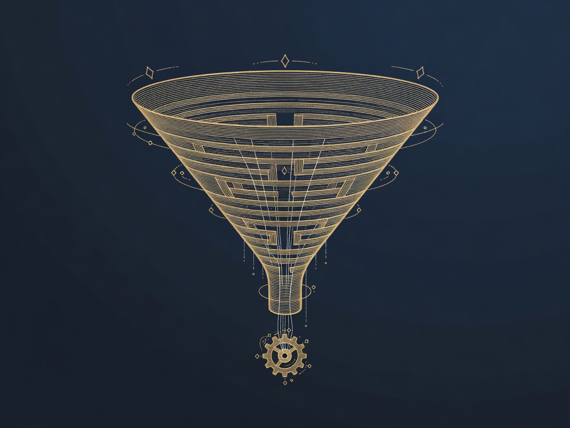 Engraved funnel where lead lines fall through gaps before reaching a gear, representing leads dying in transit