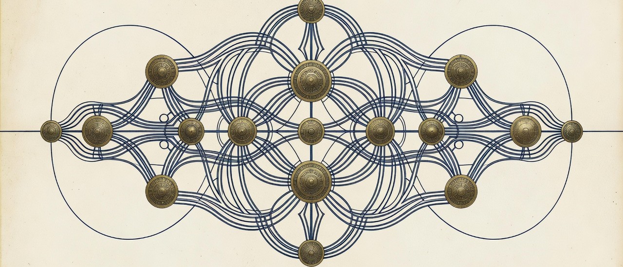 a long horizontal engraved schematic of an interconnected revenue engine, balanced brass nodes linked by fine navy lines acro