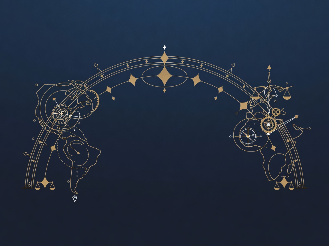 Two engraved landmass arcs joined by a compass span, showing transatlantic reach.