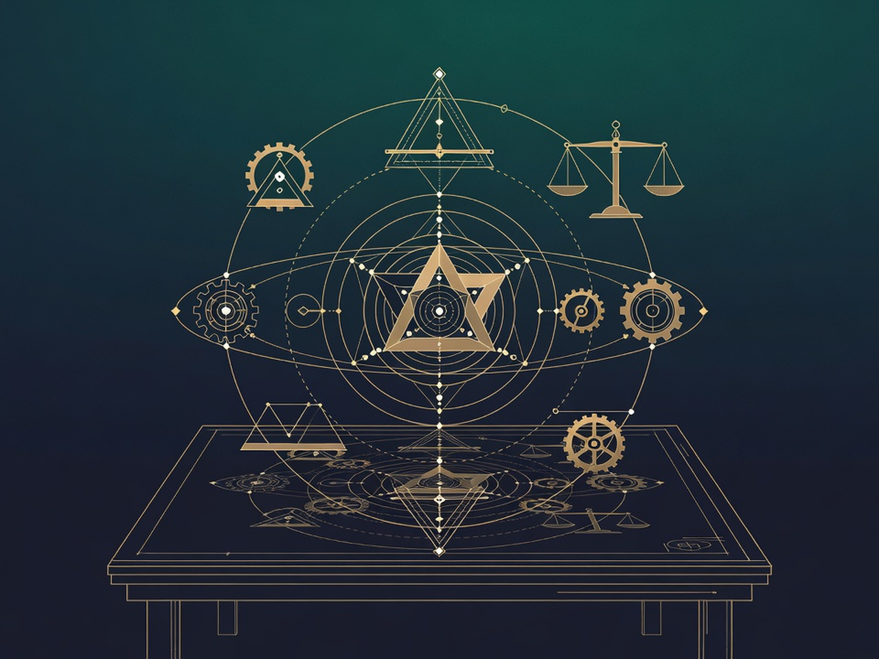 A clockwork workflow being redrafted with compass and rule around a central AI core, the old layout faint beneath the new design