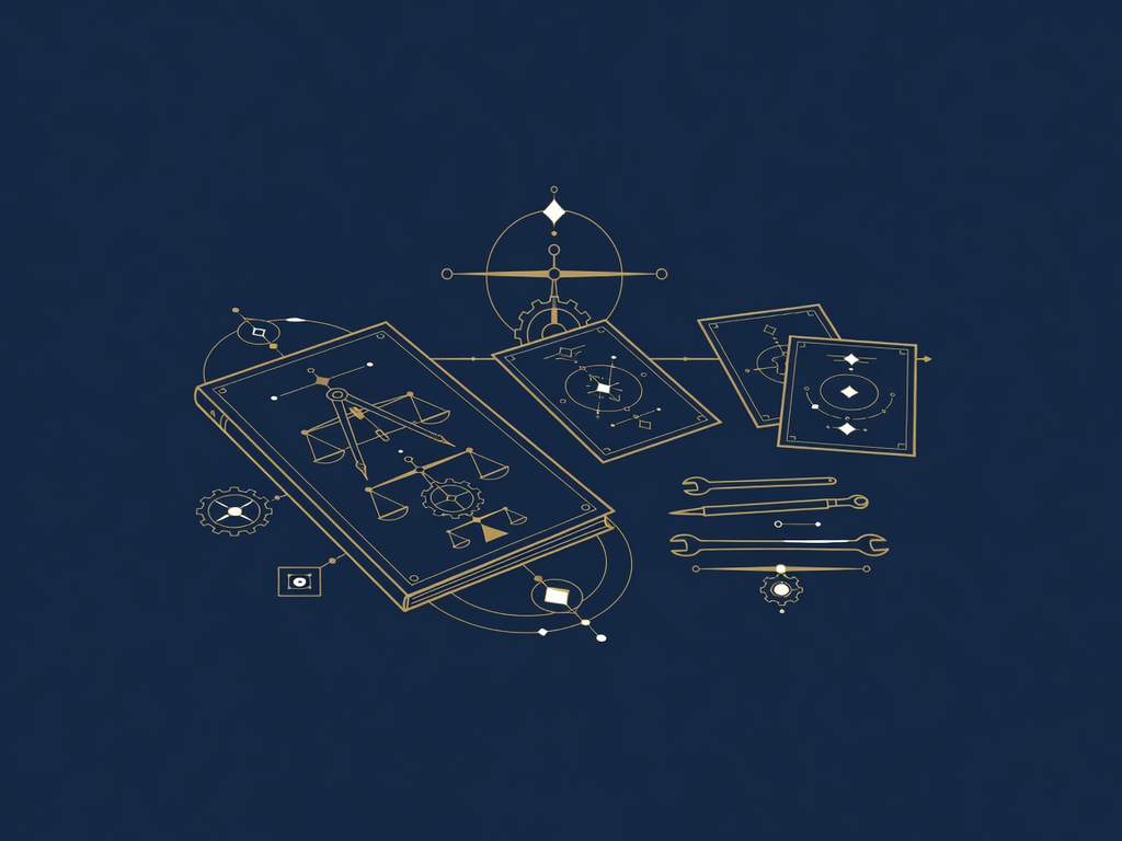 An engraved slim operating manual with a few essential reference cards and minimal tools, depicting standing instructions and memory kept deliberately small