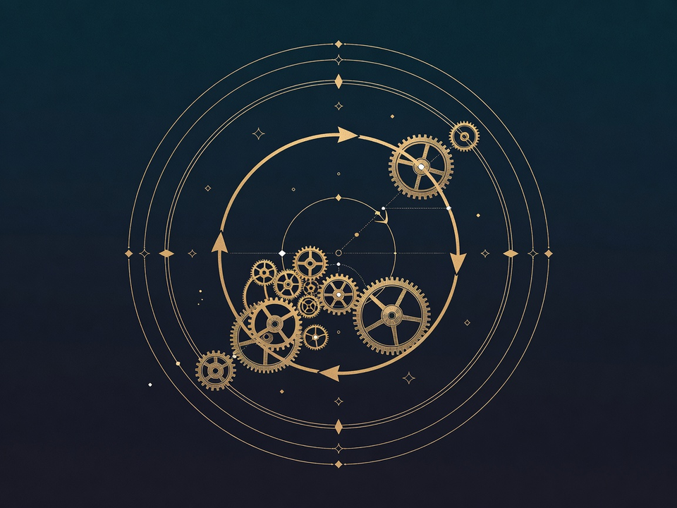 A clockwork orbit with a feedback loop, representing reassessing risk as the system changes.