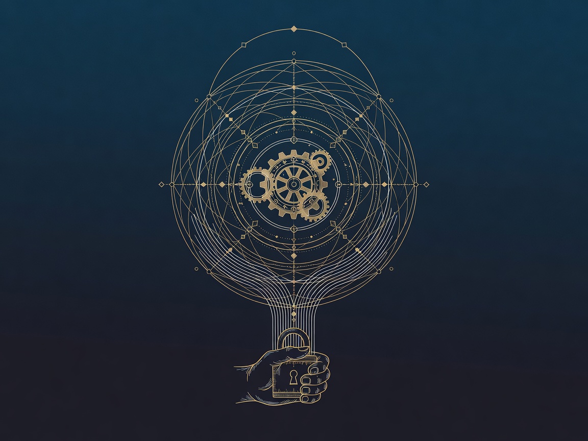 An AI model core inside an encrypted shell with data entering behind a customer-held lock