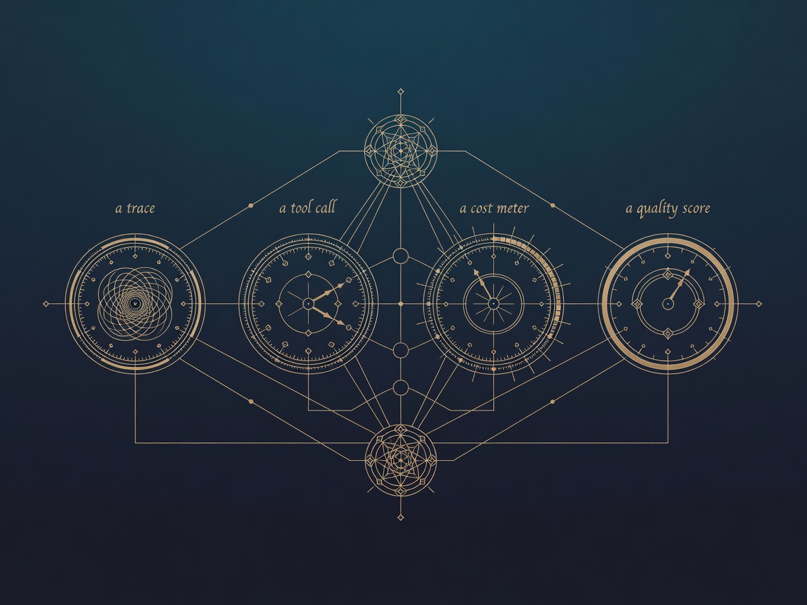 Four instrument gauges for trace, tool call, cost, and quality wired into one agent node