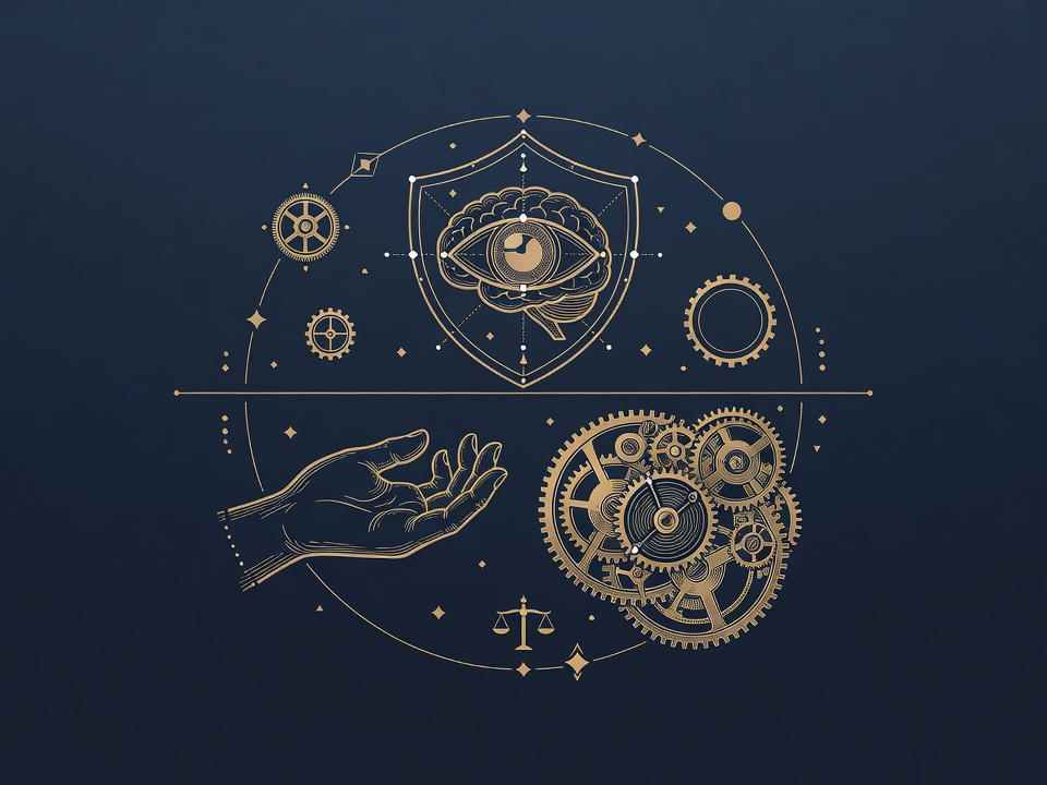 Engraved shielded eye and brain above a line dividing a human hand from clockwork, judgment protected from automation