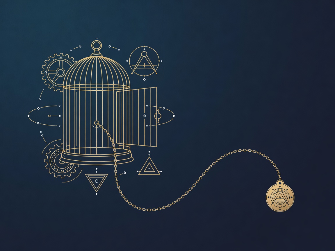 An open engraved birdcage with the bird free but trailing a fine chain and a small maker mark tag, representing open weight license obligations