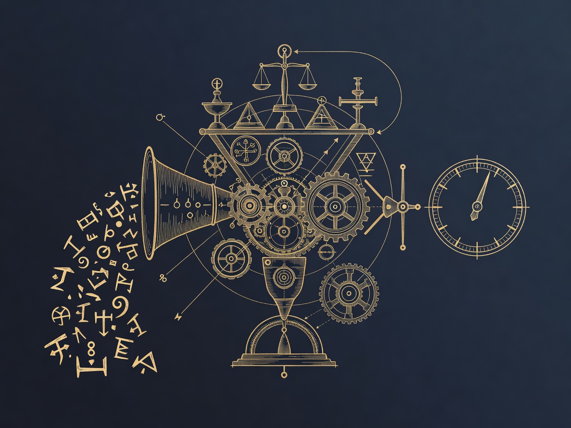 Line-engraving of a gear funnel turning garbled records into one authoritative gauge, garbage in confident garbage out