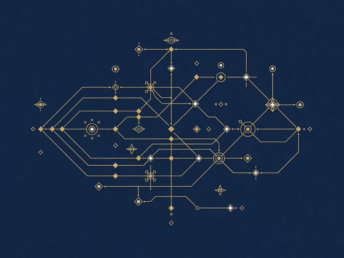 Engraved conduit map tracing data through entry, rest, movement, and exit nodes, illustrating data flow mapping for an AI system