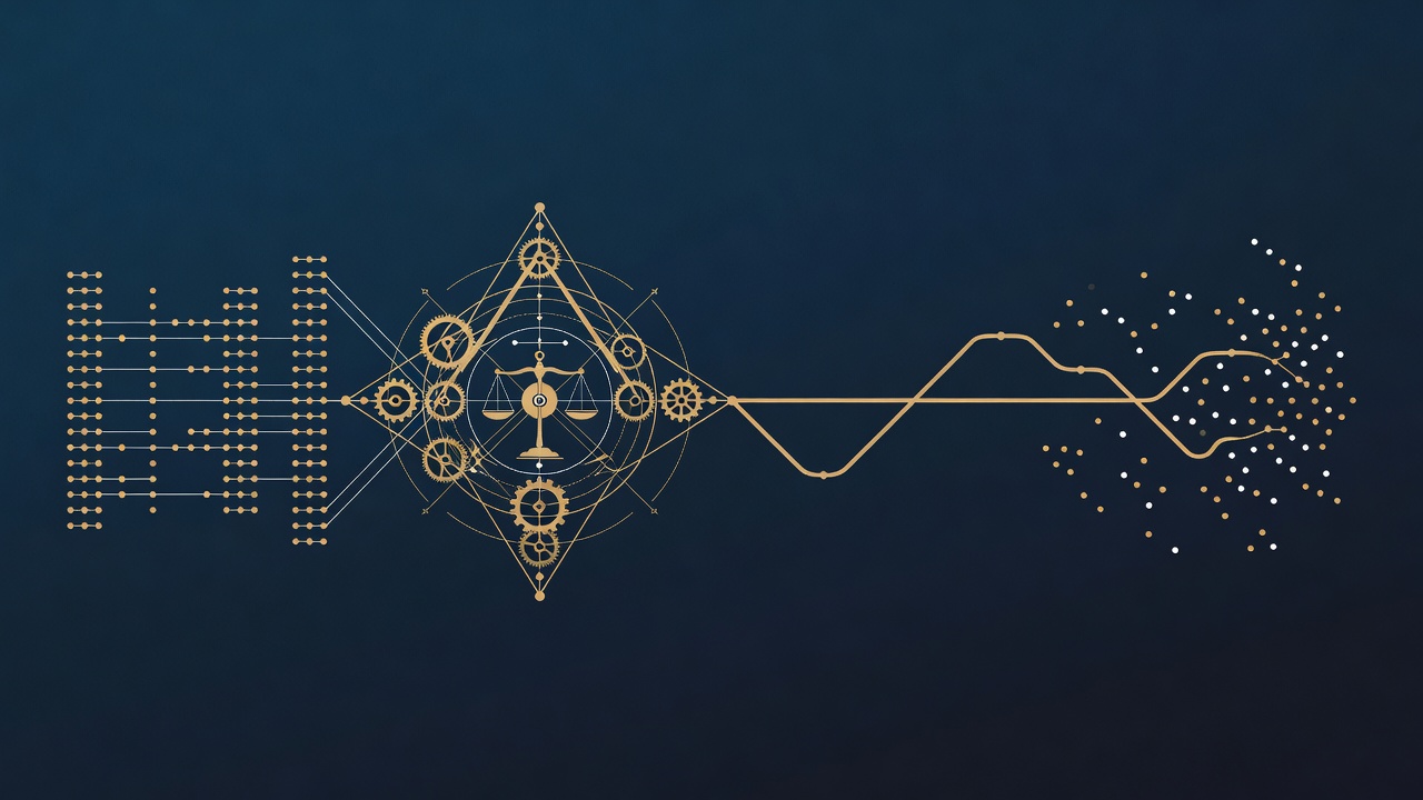 Wide line-engraving section break: clean and noisy data flowing through a node into one forecast line
