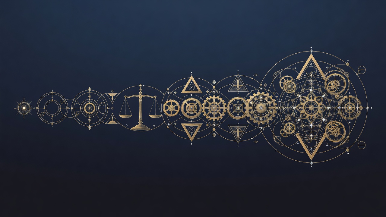 Wide engraved frieze of gears and balance scales showing cost growing from a small node to a large mechanism