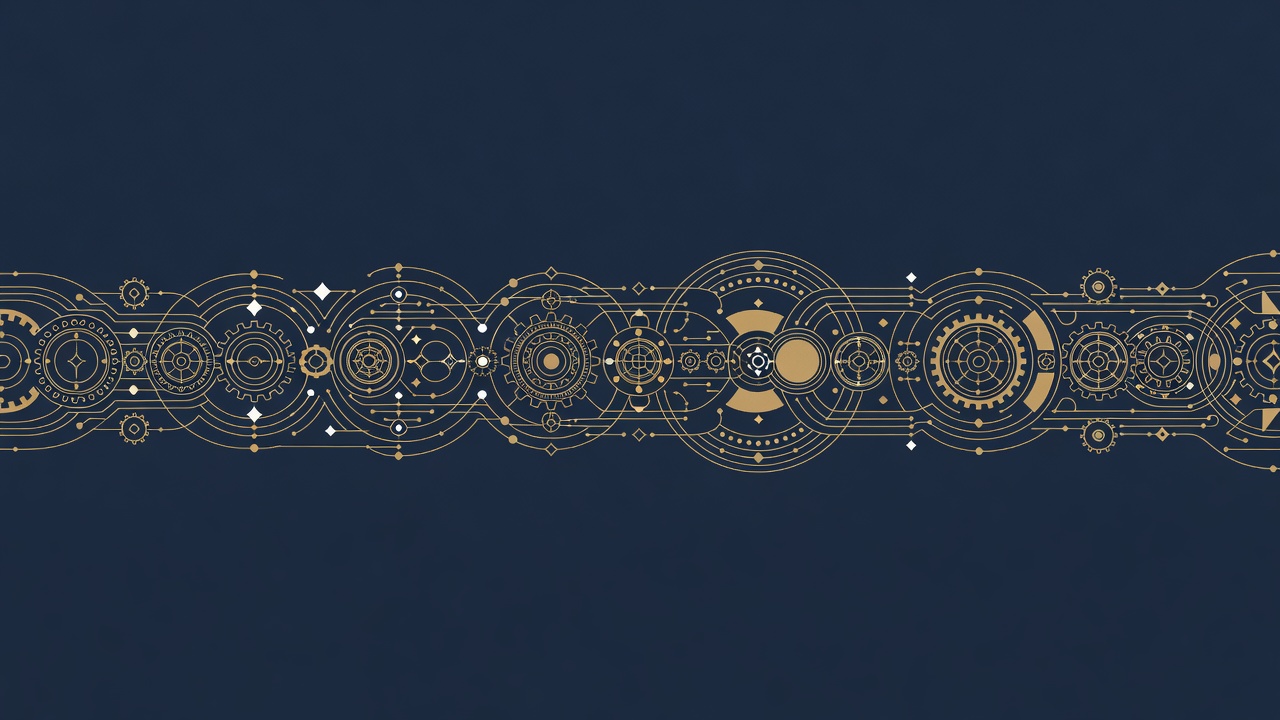 Wide frieze of routing tracks, gears and balanced orbits representing a healthy lead routing system