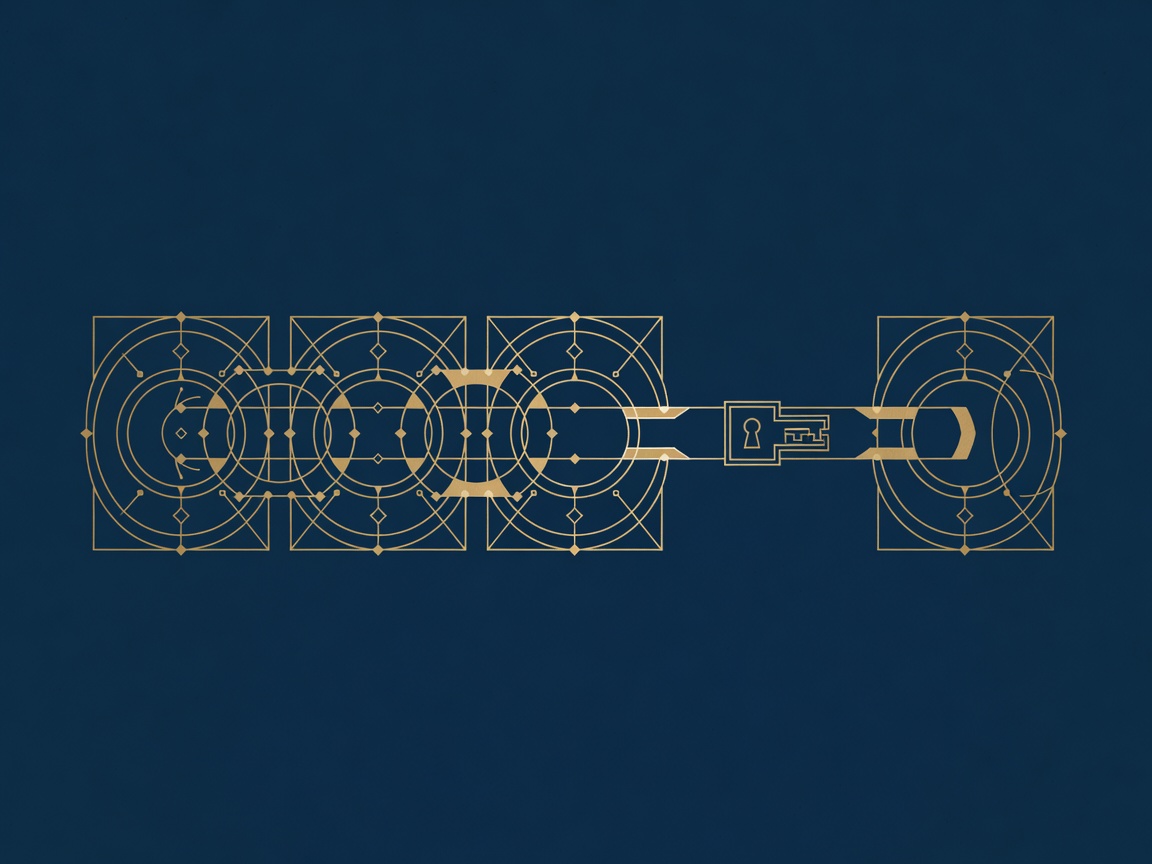 Engraved interlocking gates and keyed lock narrowing one data channel, depicting least-privilege access controls that actually hold