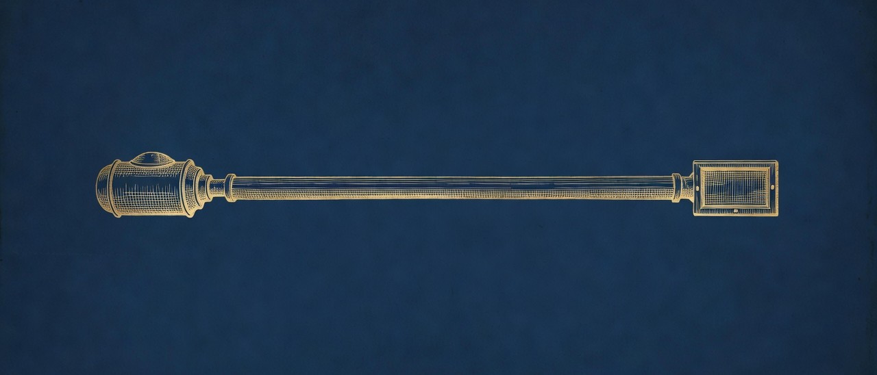 a horizontal brass-line frieze of a single clean pipeline running left to right, source vessel to dashboard window, balanced