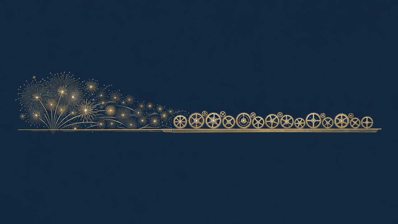 Wide engraving of fading hype fireworks flowing into a steady row of working gears, quiet AI value
