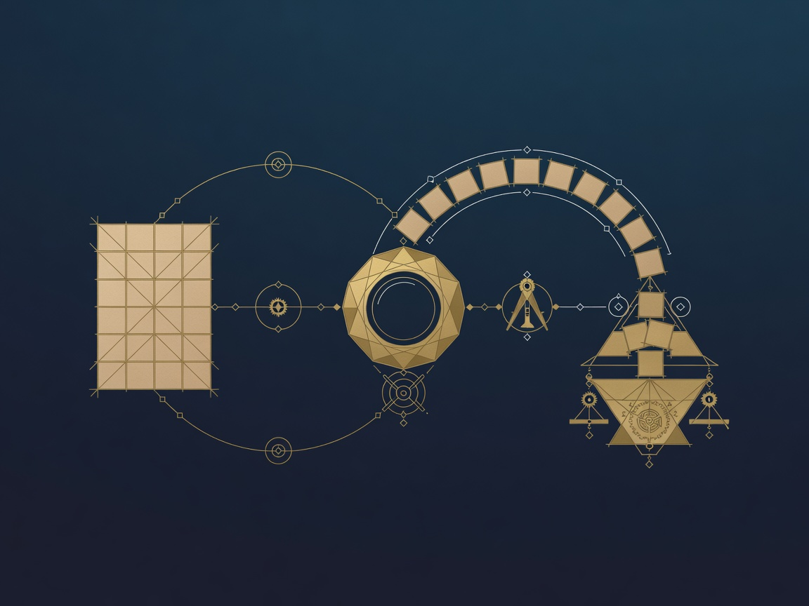 Three-stage engraved mechanism dividing a document into tiles, sorting them through a faceted lens, and feeding the selection into a vessel, representing the prepare, retrieve and generate stages of RAG