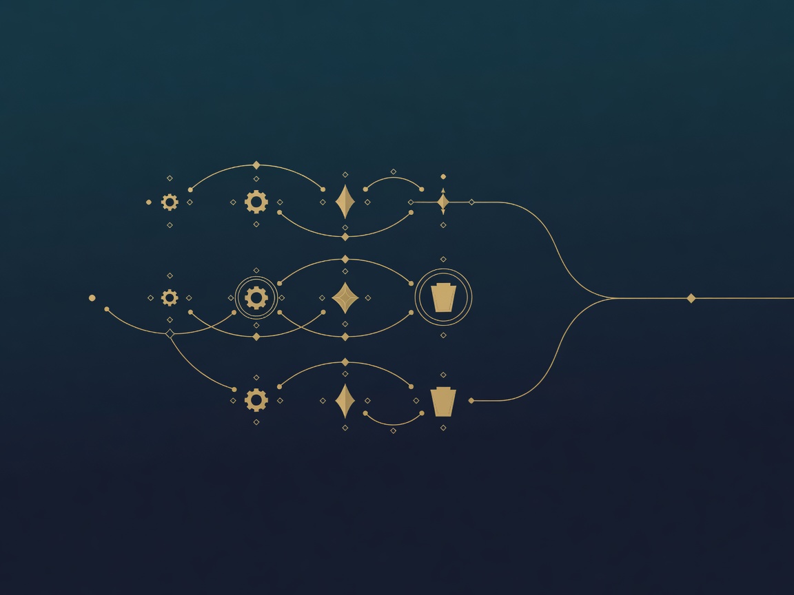 Engraved trace ribbon linking output, tool-call, model, and approval nodes in a chain, illustrating AI observability as a reconstructable decision trail