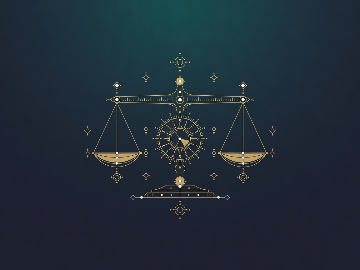 Gold engraving of a balance with five graduated tick marks, a build-vs-buy scoring rubric