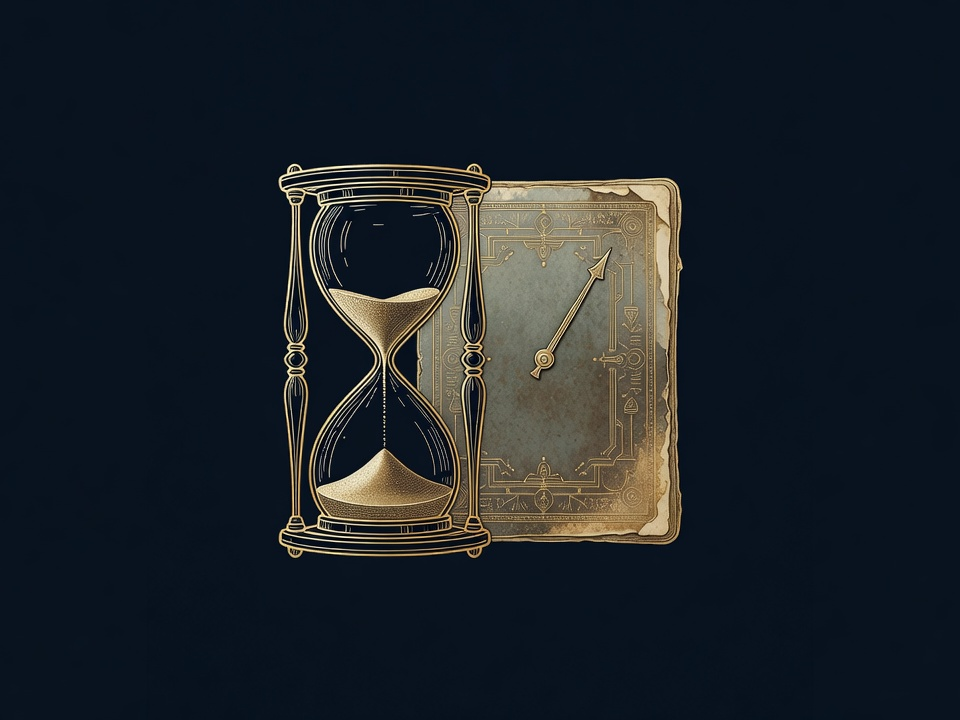 An hourglass fused to a data tablet with the sand run out, representing stale and out of date records.