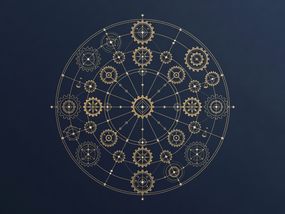 A central hub with clean radial spokes to satellite gears, symbolizing integration through a single source of truth