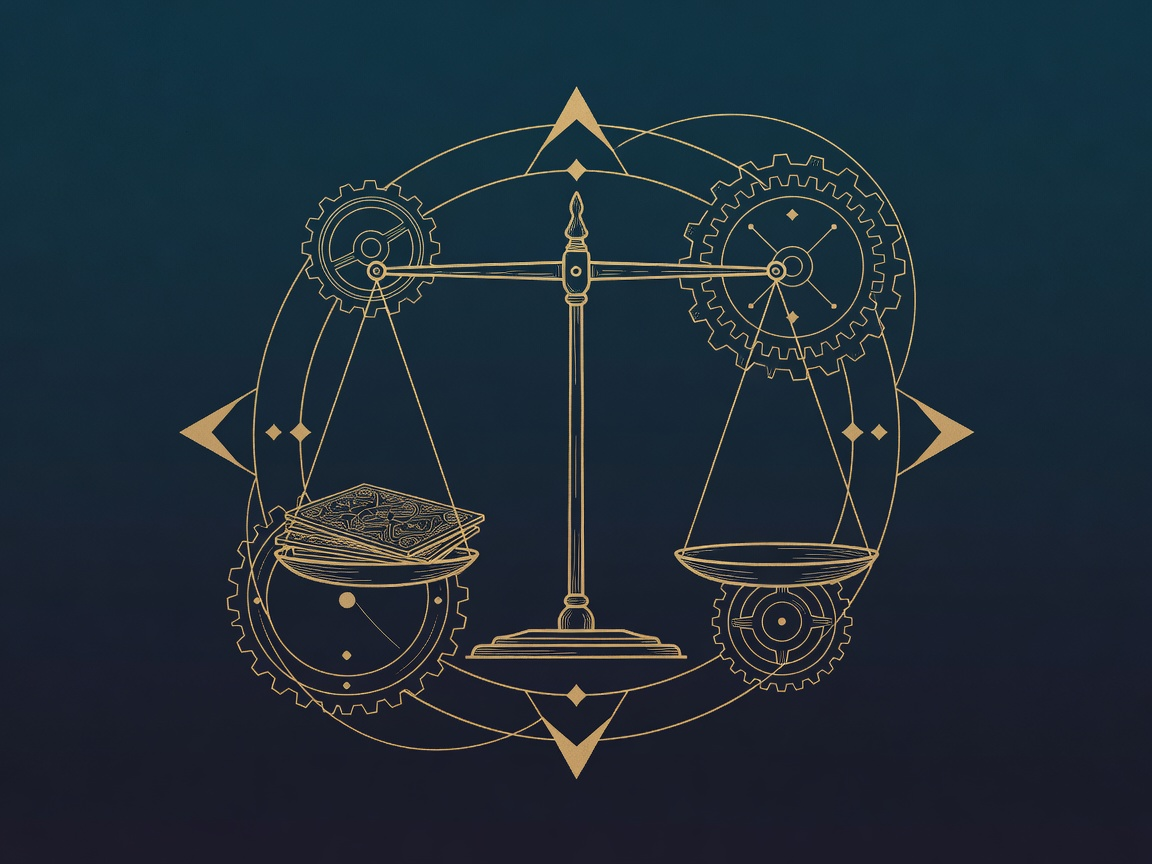 Brass balance scale weighing tethered source tablets against a deliberately empty pan, representing grounded citations and a system able to say it does not know