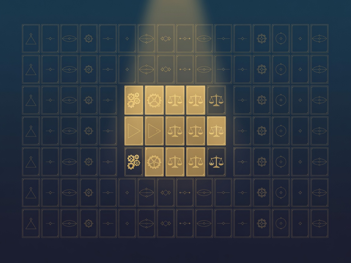 A large faint grid of blank cards with a small spotlighted cluster of about twelve brought forward, showing where to start metadata work