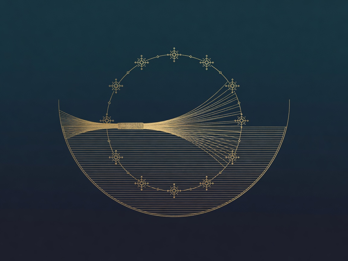 Engraved hemisphere with brass filaments crossing an ocean toward a ring of twelve stars, representing extraterritorial reach of the EU AI Act
