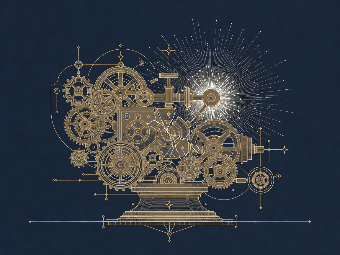 Ornate all-in-one machine on a pedestal cracked and stalled beside a fizzling burst, the loud AI use cases that fail