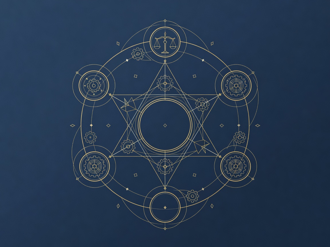 Engraving of one central orb connected by ruled lines to five smaller orbs arranged in a fan