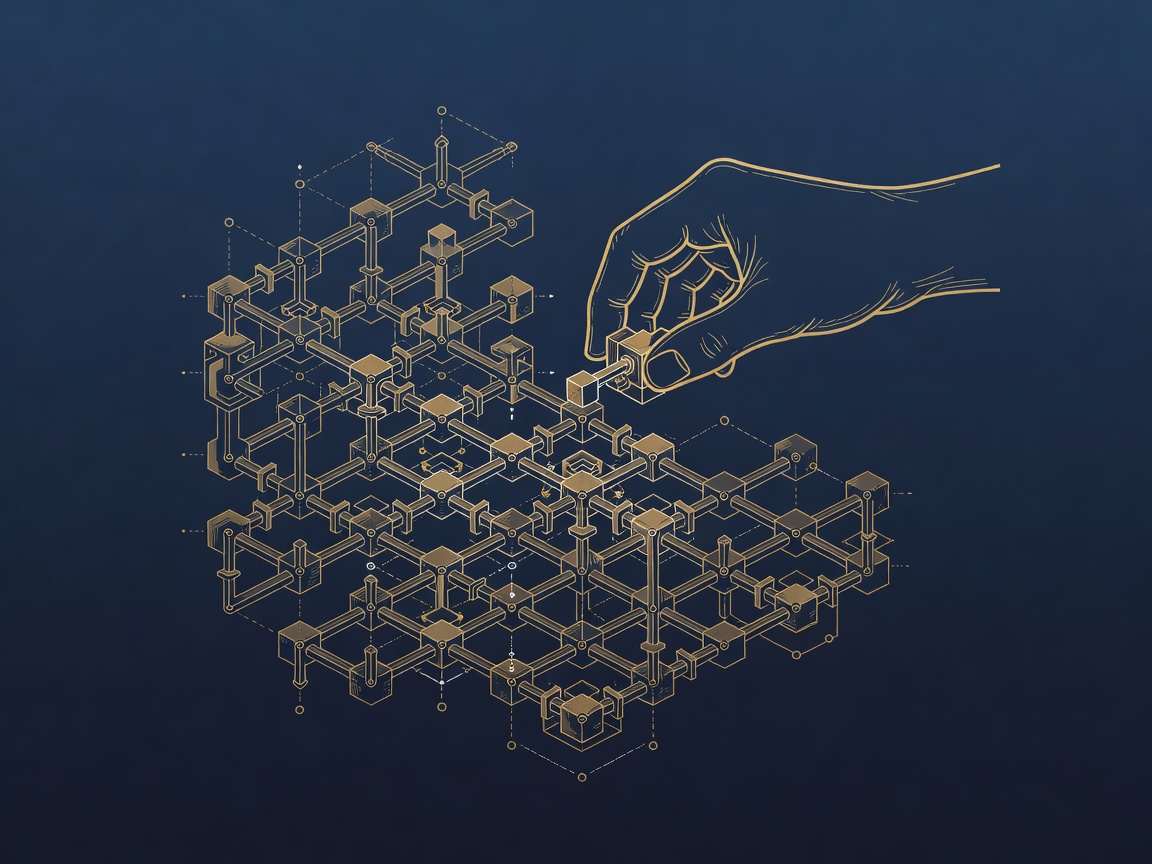 A hand wiring a small swappable core into a large load-bearing lattice of connectors, buying for the connective tissue.