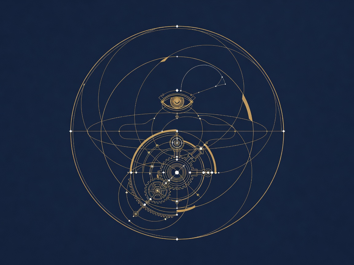 An observatory eye tracing fine telemetry lines across a running mechanism, representing tracing and observability in production
