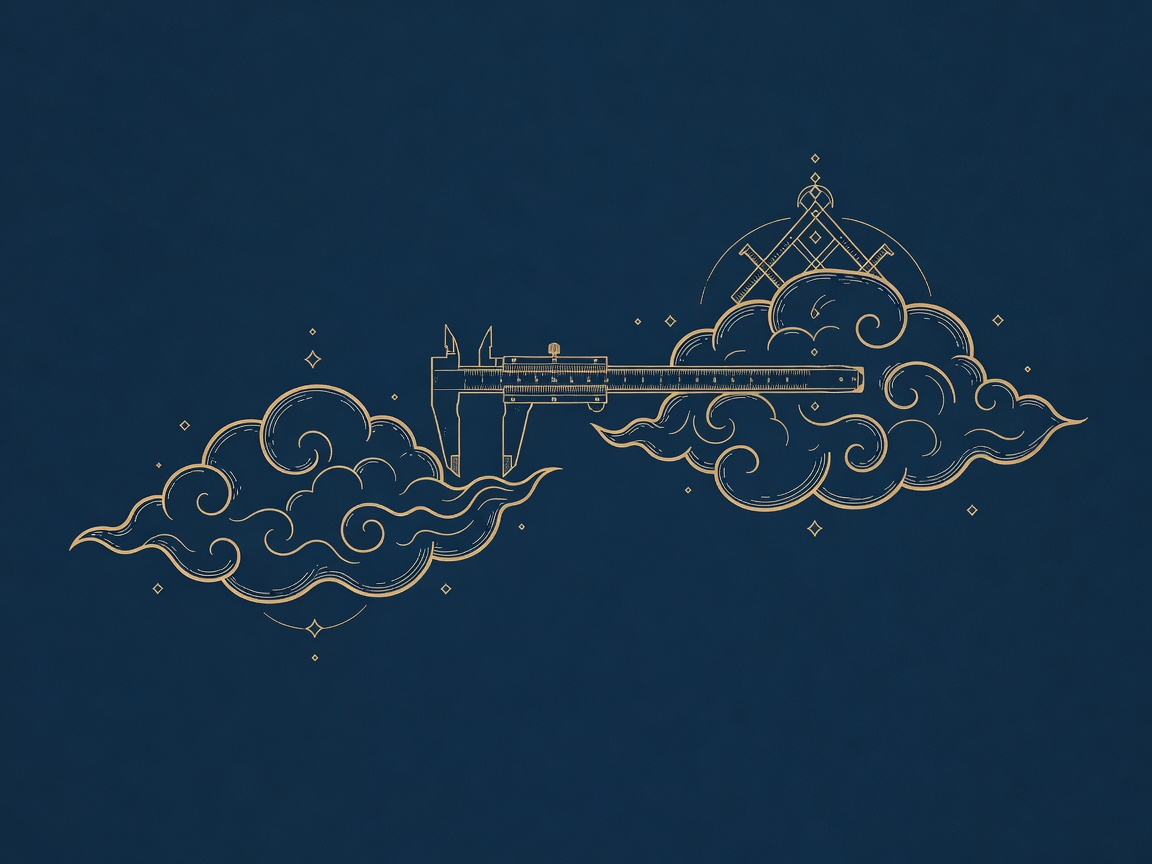 An engraved caliper measuring the wide gap between two cloud forms, one crowned like a state.