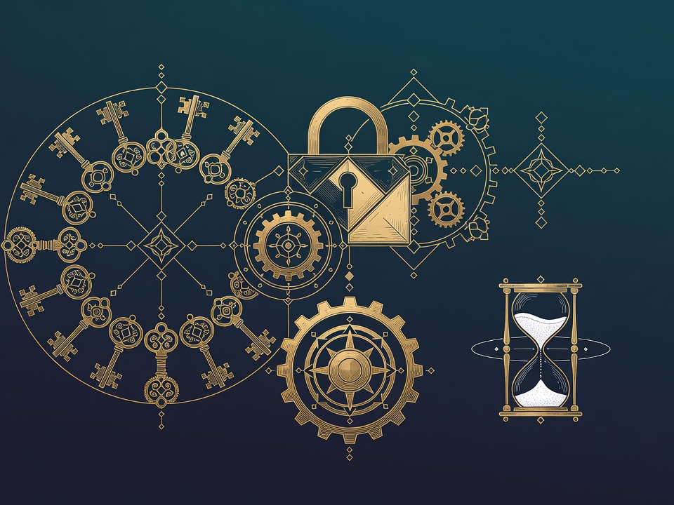An engraved ring of keys beside a geometric lock, a ratchet checkpoint, and an hourglass.