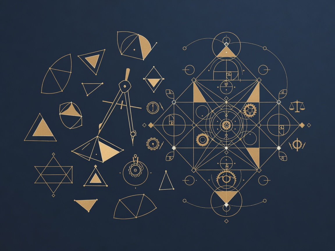 Scattered geometric fragments drawn by a compass into an ordered structured grid