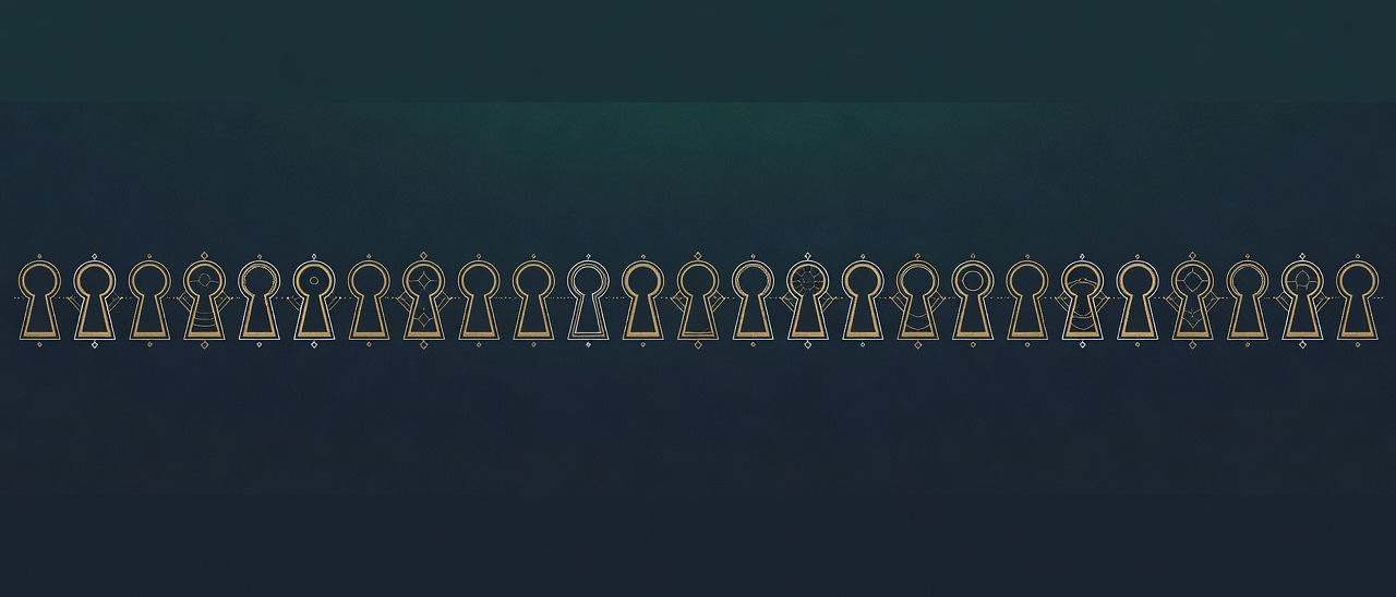 Wide engraved row of gold keyhole and aperture shapes on navy, section break before the frequently asked questions