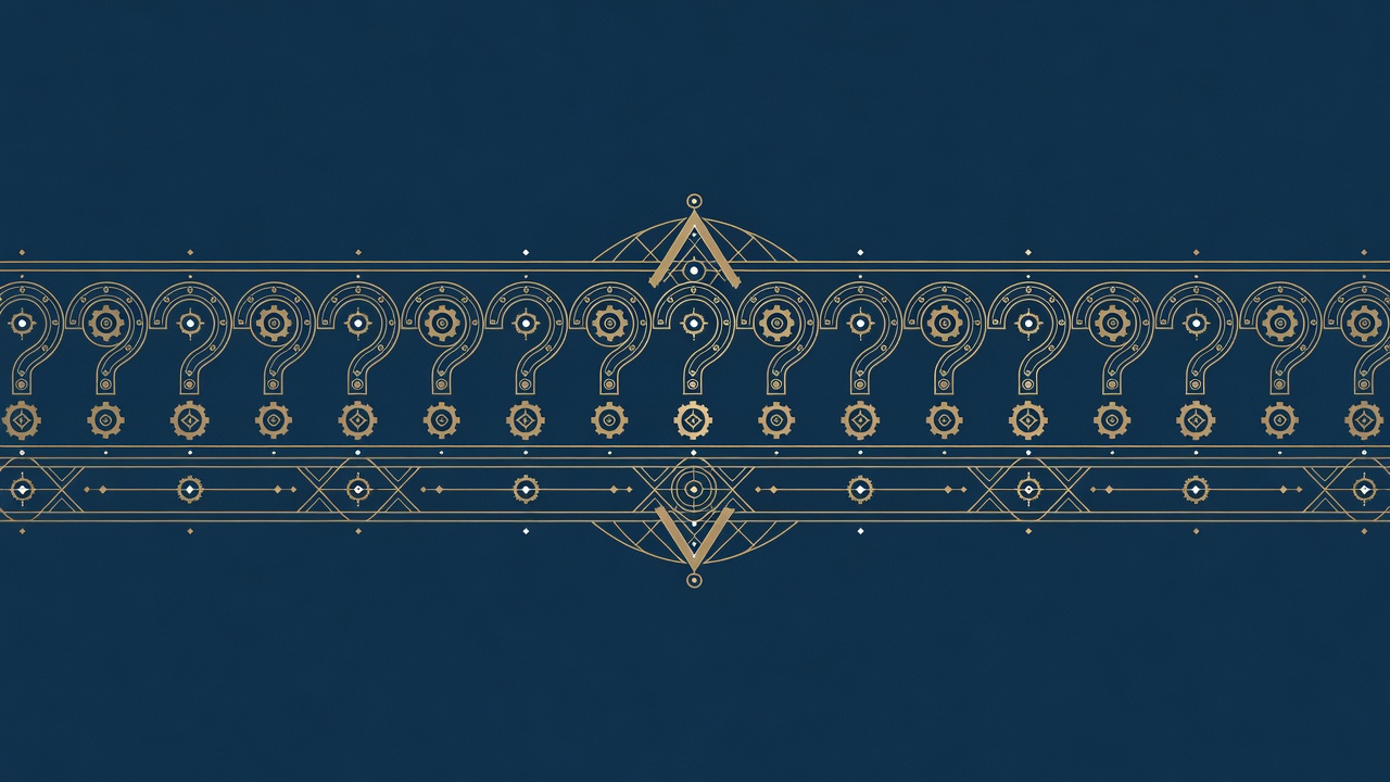 Engraved art-deco frieze of question marks formed from compass arcs and gears, a decorative divider before the FAQ