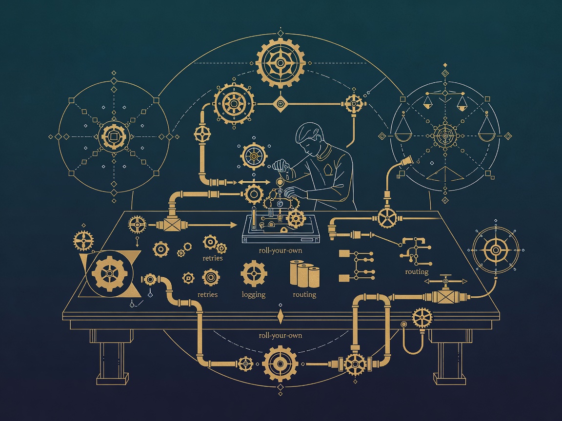 A figure reassembling a machine runtime from scattered labeled parts representing rolling your own agent stack