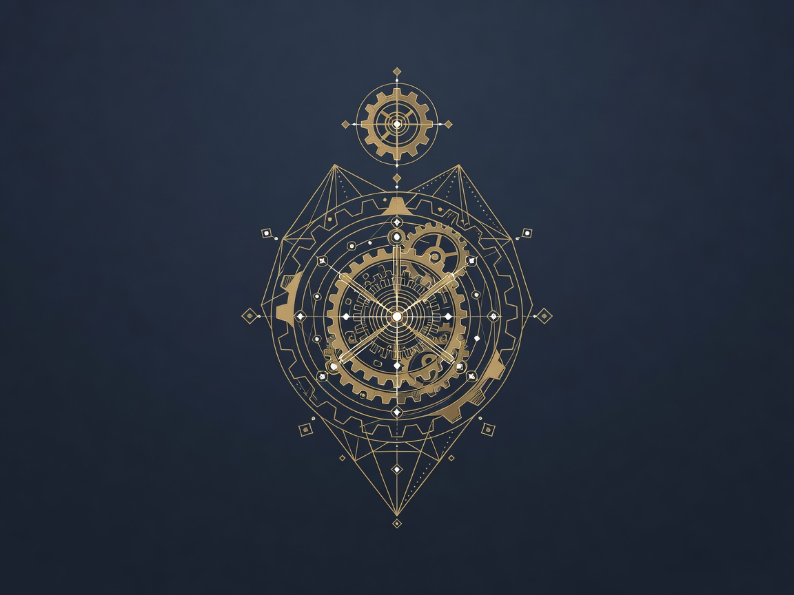 Iceberg-style geometric engraving with a small visible gear above a large submerged mechanism, the hidden cost of building AI