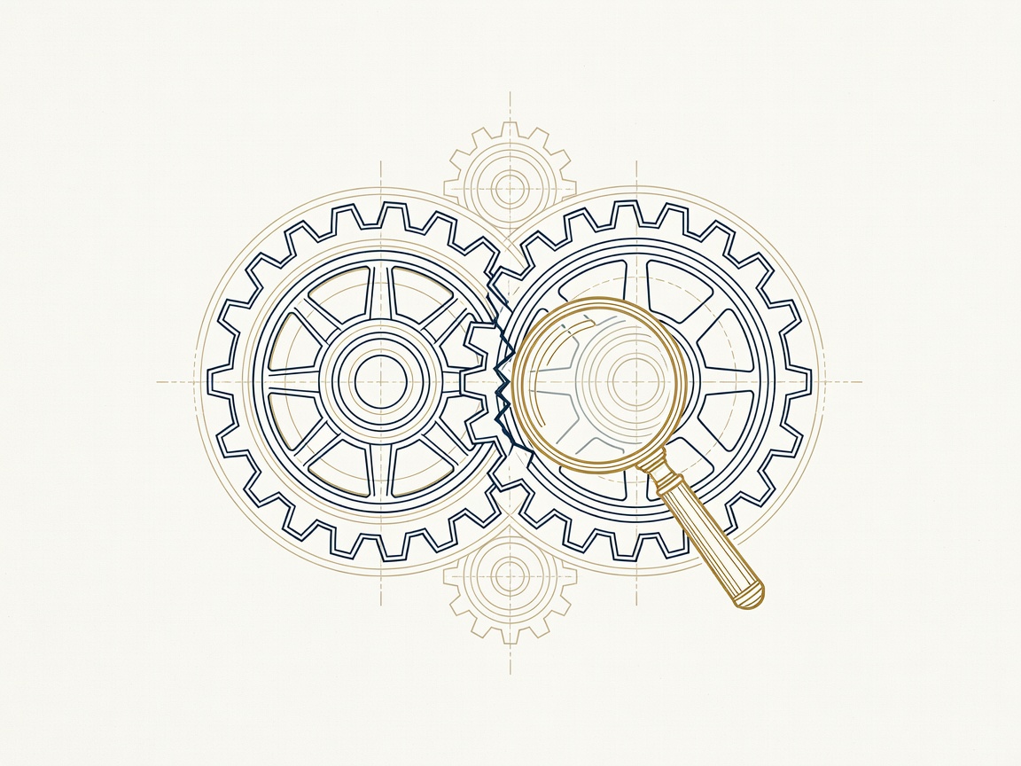 Two engraved gears failing to mesh at a cracked seam under a magnifying glass, illustrating a quiet failure in the handoff between skills